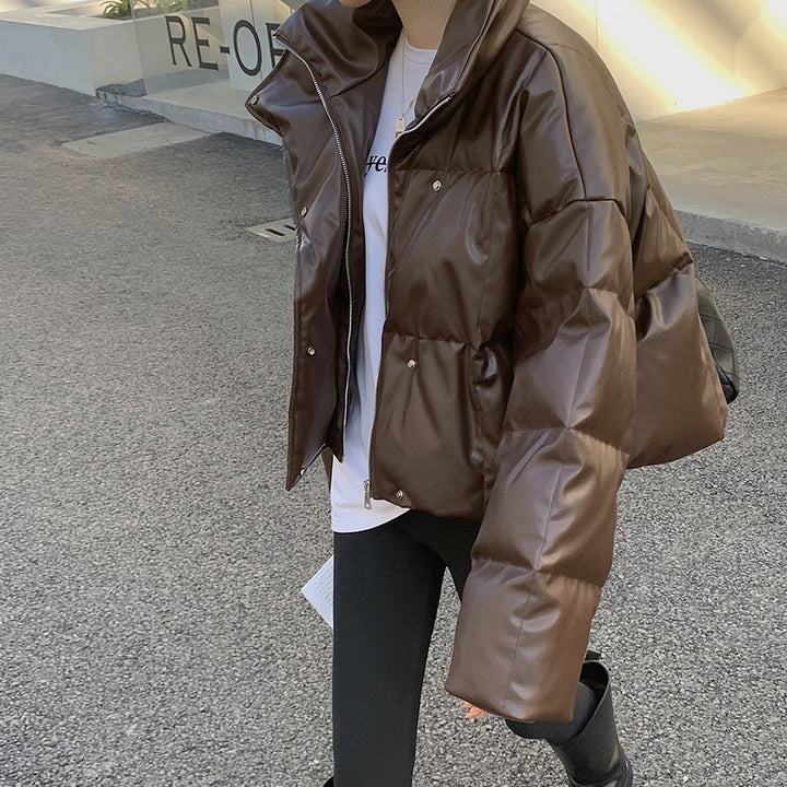 Women Fashionable Leather Down Jacket Mune Fashion