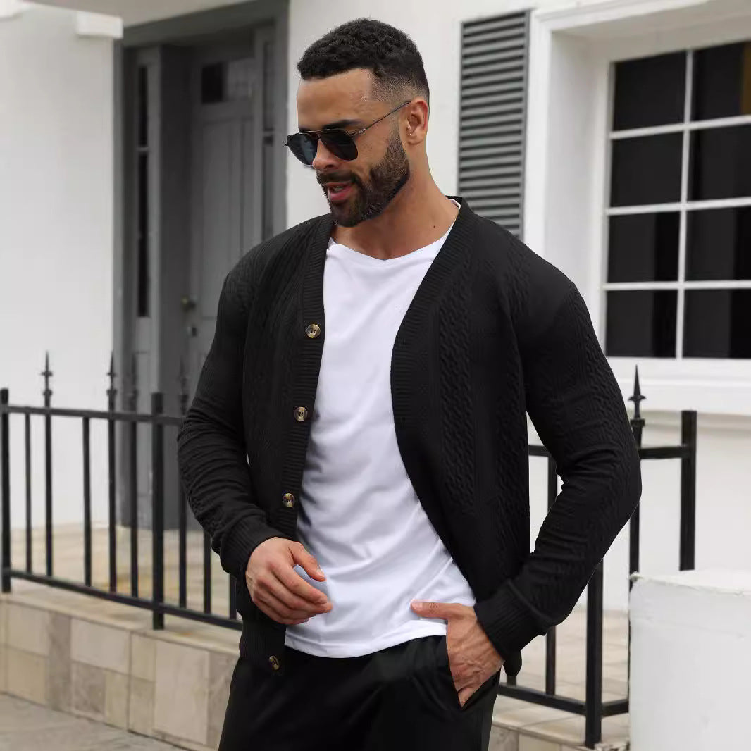 Men's elegant braided knit cardigan with V-neck button placket and patch pockets Mune Fashion