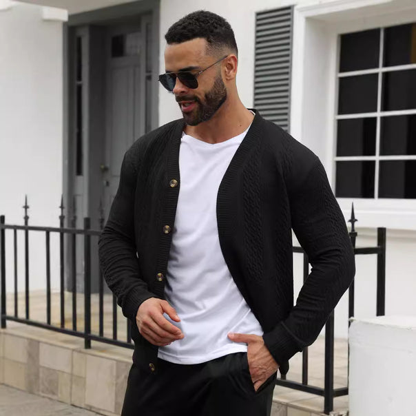 Men's elegant braided knit cardigan with V-neck button placket and patch pockets Mune Fashion