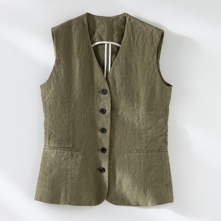 Women Tailored Cord Waistcoat with V-Neck and Button Placket Mune Fashion