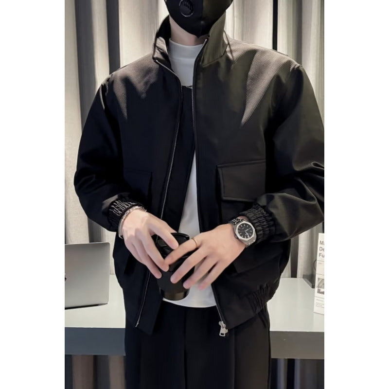 Men's Lightweight Tech Bomber Jacket with Stand-Up Collar, Large Flap Chest Pocket and Elastic Hem Mune Fashion
