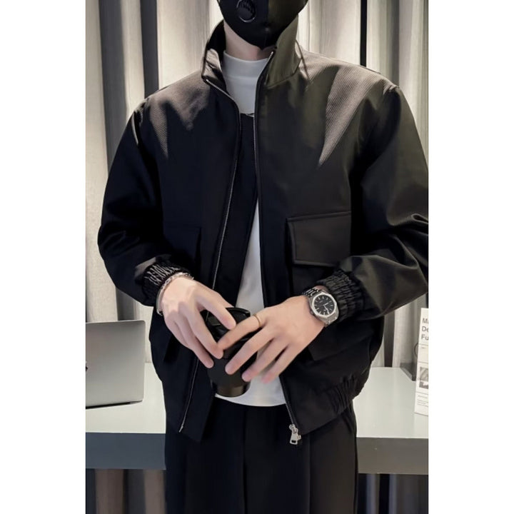 Men's Lightweight Tech Bomber Jacket with Stand-Up Collar, Large Flap Chest Pocket and Elastic Hem Mune Fashion