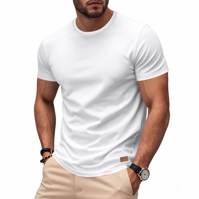 Men's slim round neck T-shirt made of smooth stretch jersey with subtle leather logo application Mune Fashion