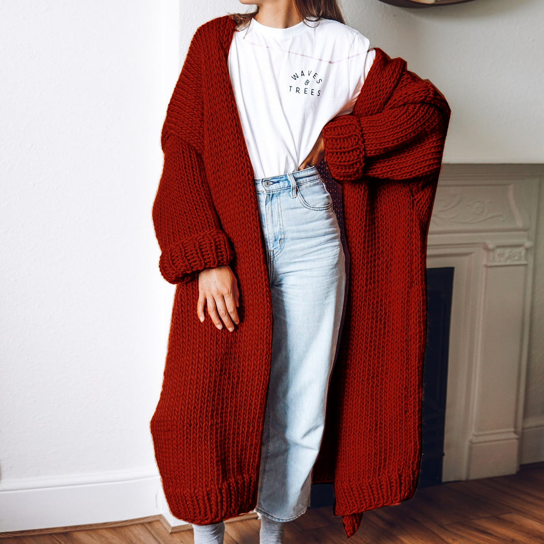 Women Oversize Maxi Chunky Knit Cardigan with Open Front and Voluminous Sleeves Mune Fashion