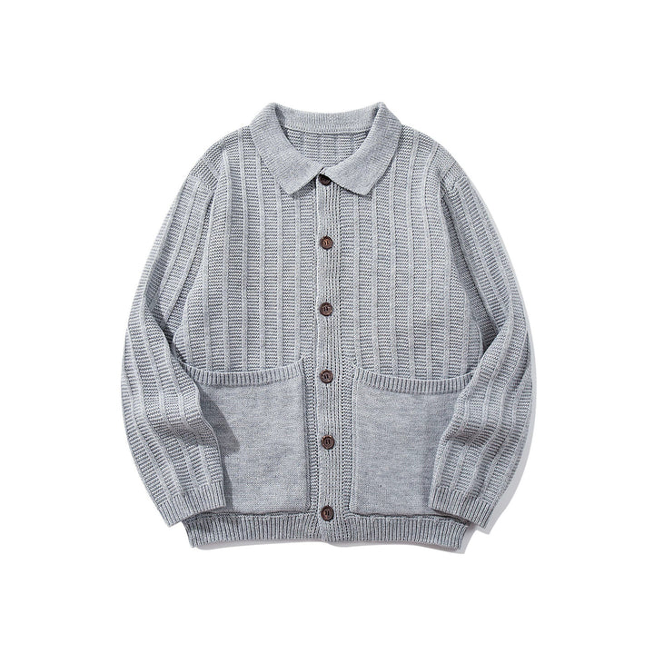 Unisex Textured Knit Cardigan with Shirt Collar and Patch Pockets Mune Fashion
