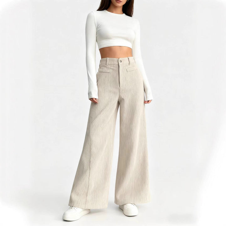 Women's High-Waisted Pleated Palazzo Pants with Button and Zipper Closure Drune