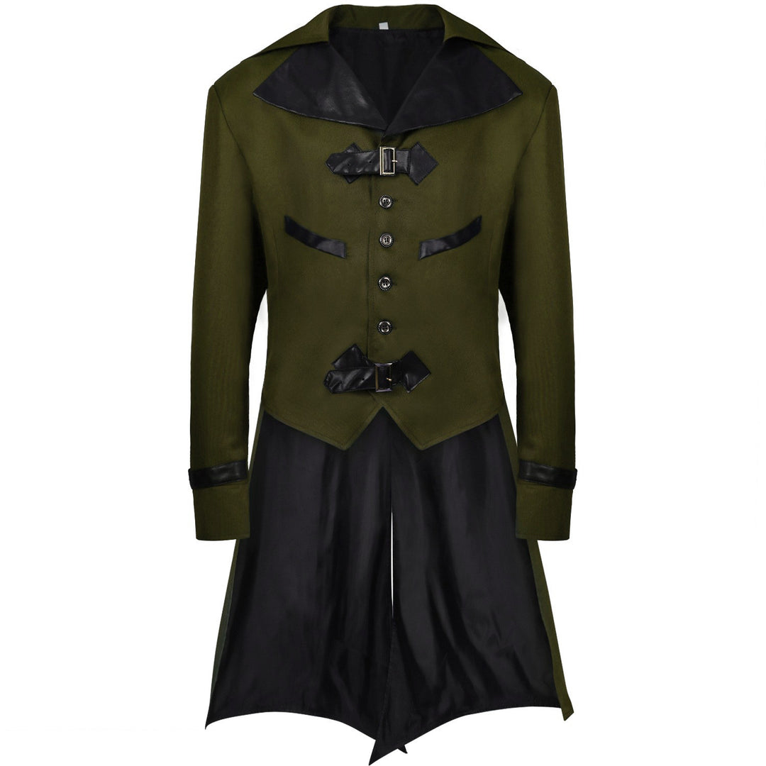 Men's long coat with double-layer shoulder cape, concealed zipper inner lining, and adjustable cuffs