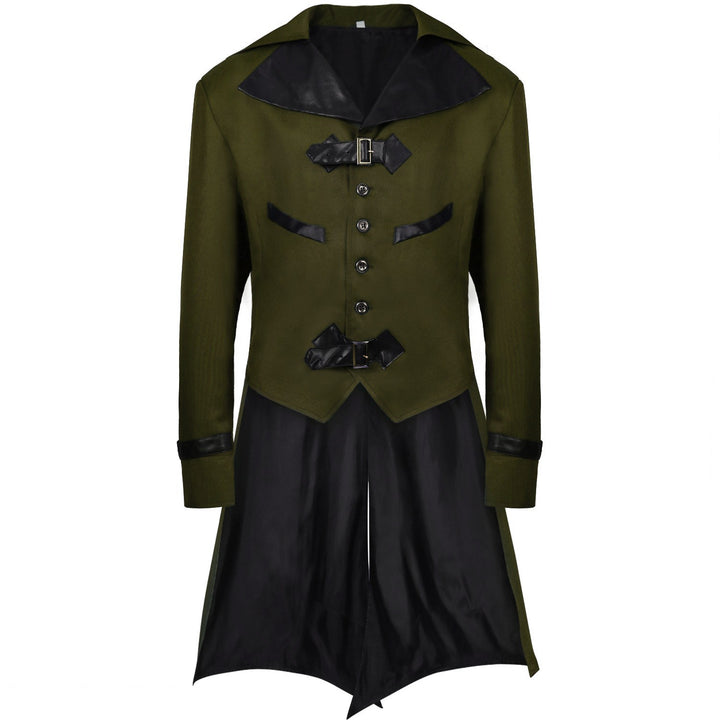 Men's long coat with double-layer shoulder cape, concealed zipper inner lining, and adjustable cuffs