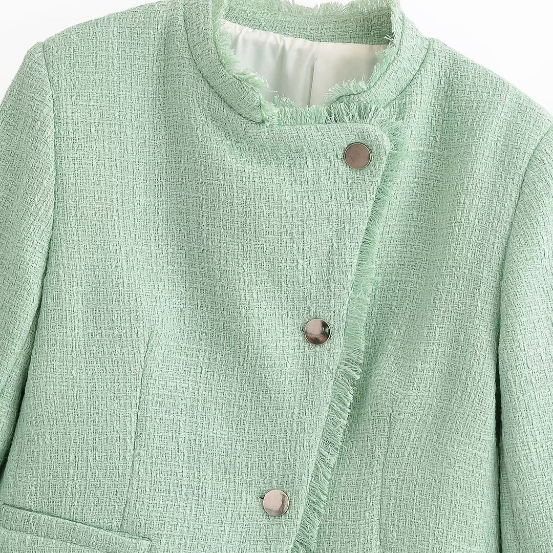 Women Cropped Boucle Blazer with Fringe Hem, Stand-up Collar and Piped Pockets Mune Fashion