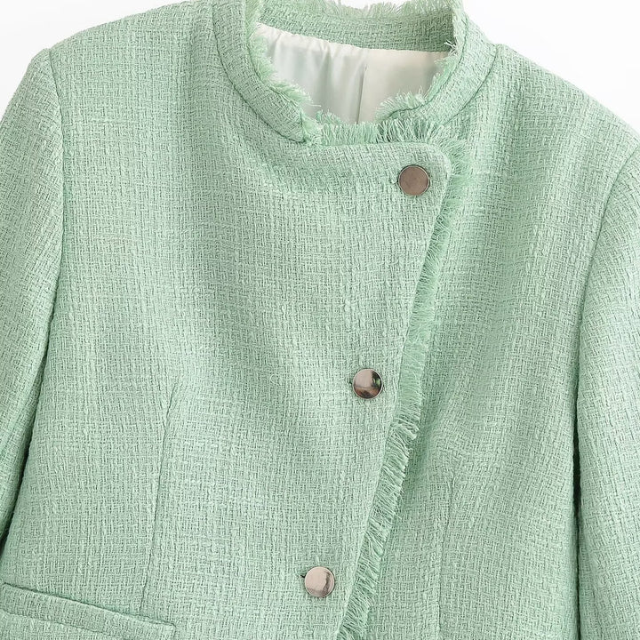 Women Cropped Boucle Blazer with Fringe Hem, Stand-up Collar and Piped Pockets Mune Fashion