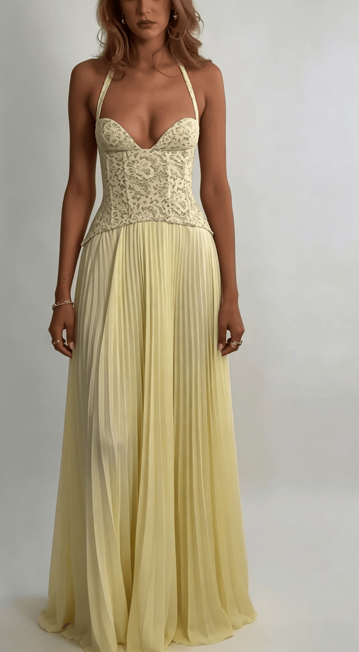 Ladies' elegant evening dress with lace corset and pleated maxi skirt Mune Fashion