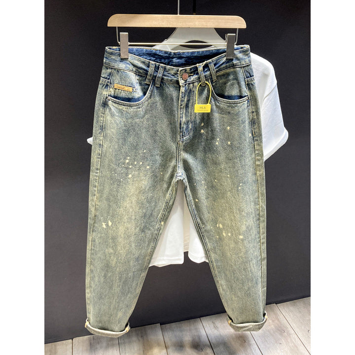 Men's Relaxed-Tapered Vintage Jeans with Paint-Splatter, High Waist and Cuffed Hem Mune Fashion