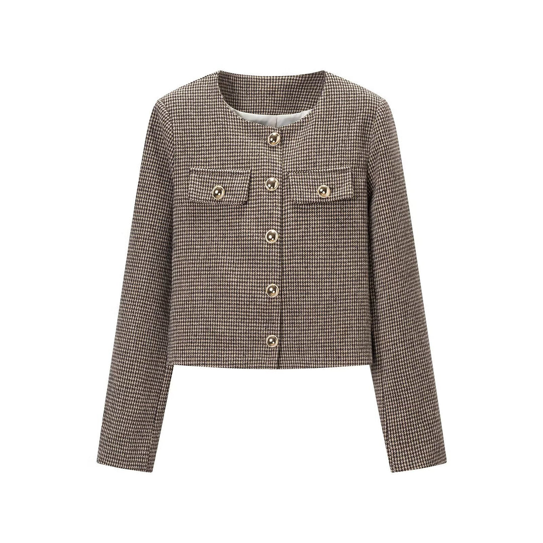 Women's Short Boucle Jacket in Houndstooth Look with Round Neck and Decorative Button Placket Mune Fashion