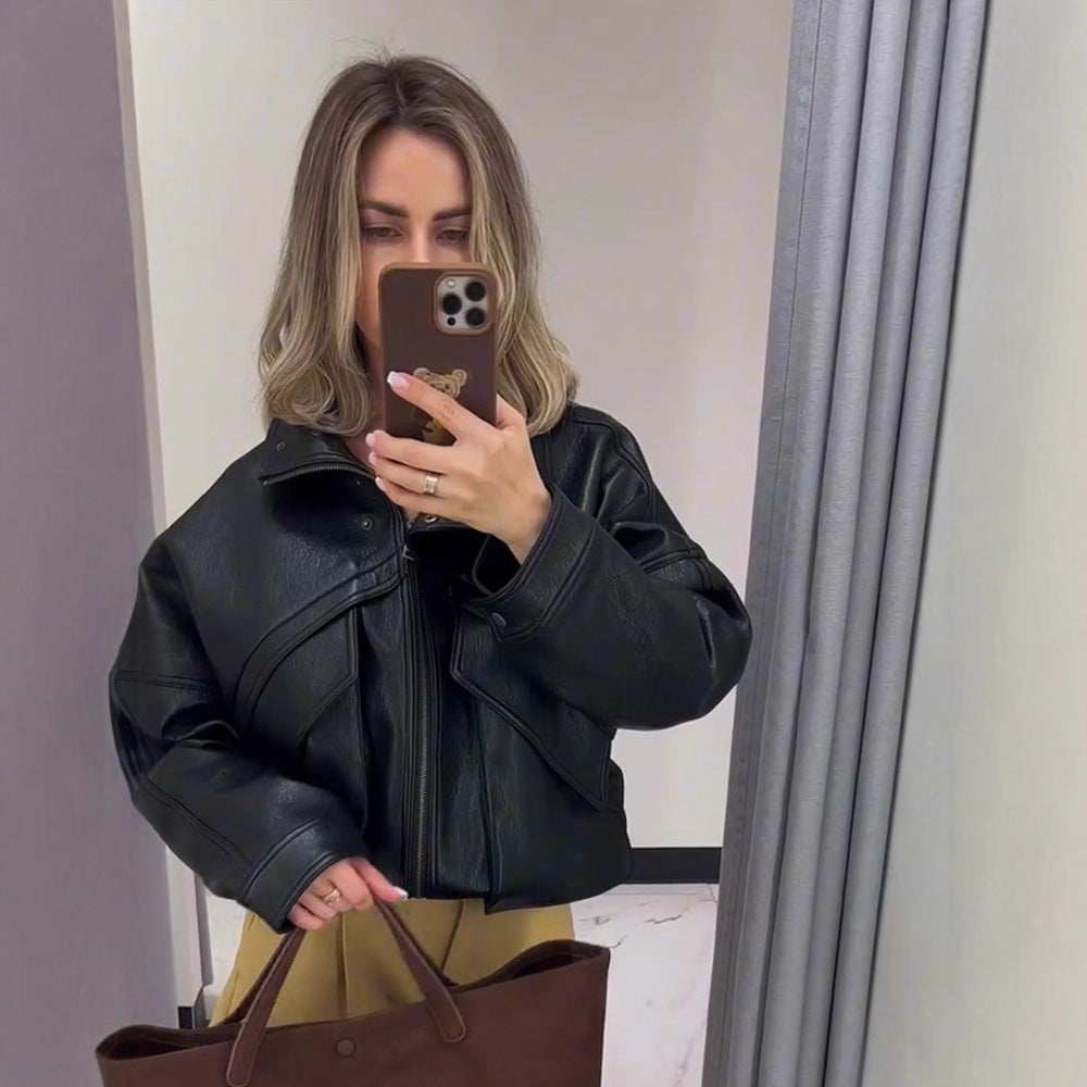 Women's Oversize Bomber Jacket made of textured faux leather with overlapping flap front Mune Fashion