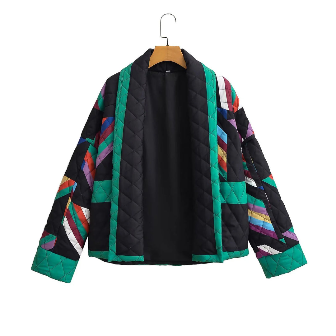 Women's non-quilted kimono jacket with geometric patchwork and open front Mune Fashion