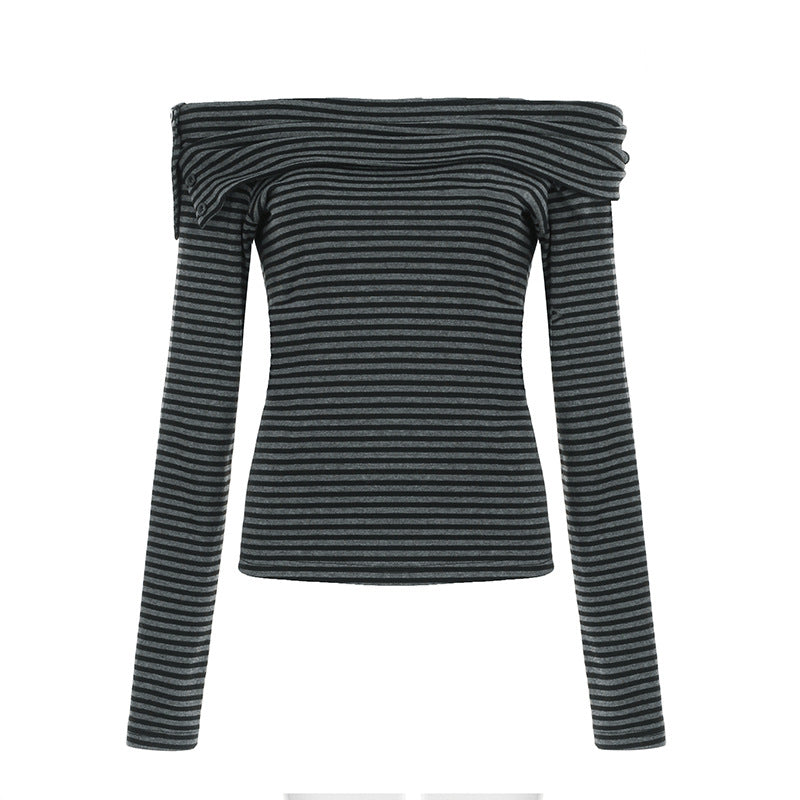 Women's off-the-shoulder long-sleeve shirt with Carmen neckline, tailored fit and fine stripe pattern Mune Fashion