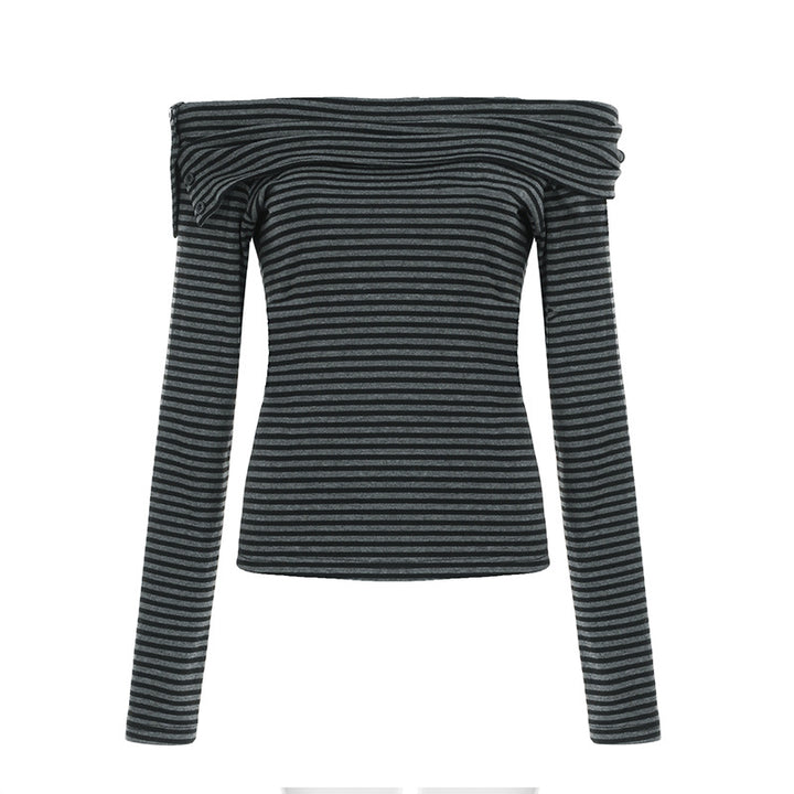 Women's off-the-shoulder long-sleeve shirt with Carmen neckline, tailored fit and fine stripe pattern Mune Fashion