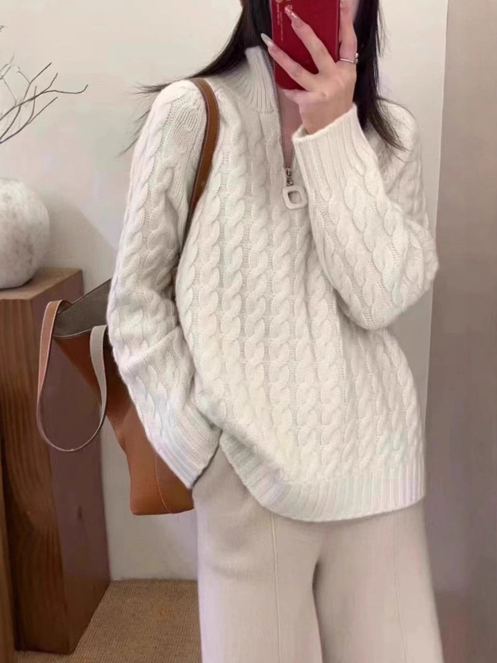 Women Oversize Cable Knit Fine Knit Sweater with Half Zipper and Stand-up Collar Mune Fashion
