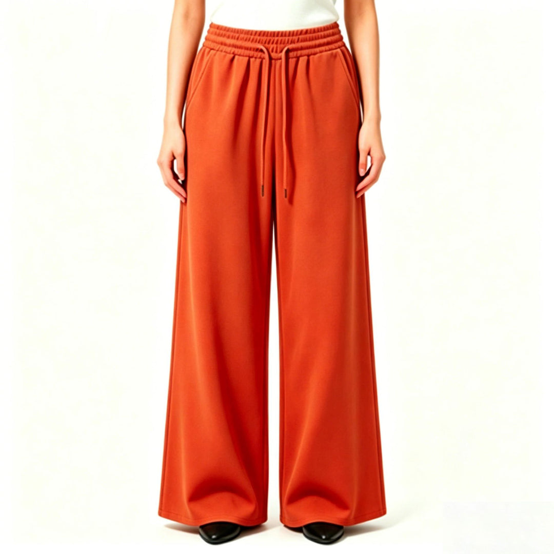 Ladies wide high-waist lounge pants with elastic waistband, drawstring, and flowing jersey Mune Fashion