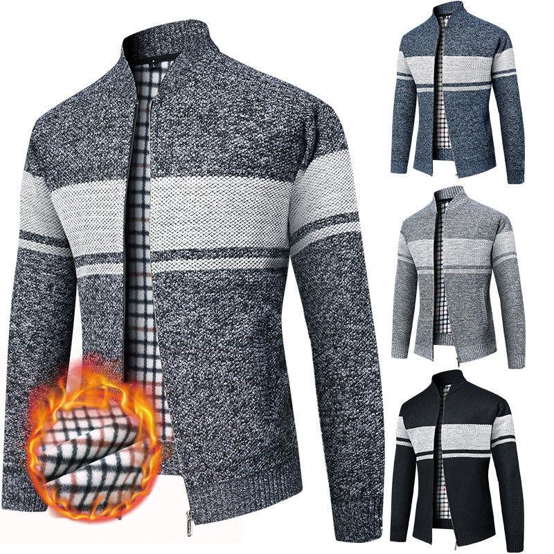 Men's thermal knitted zip jacket with stand-up collar and checkered fleece lining Mune Fashion