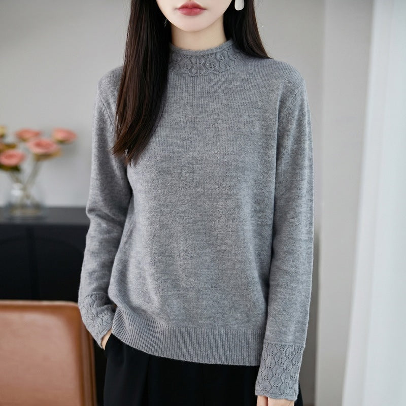 Women's Mockneck Fine Knit Sweater with Openwork Detail at Collar and Cuffs Mune Fashion