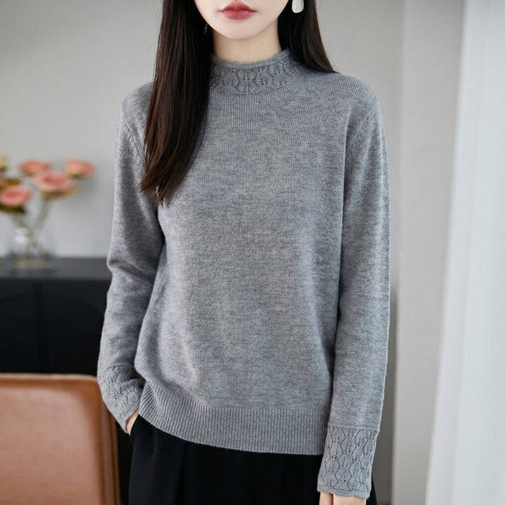 Women's Mockneck Fine Knit Sweater with Openwork Detail at Collar and Cuffs Mune Fashion