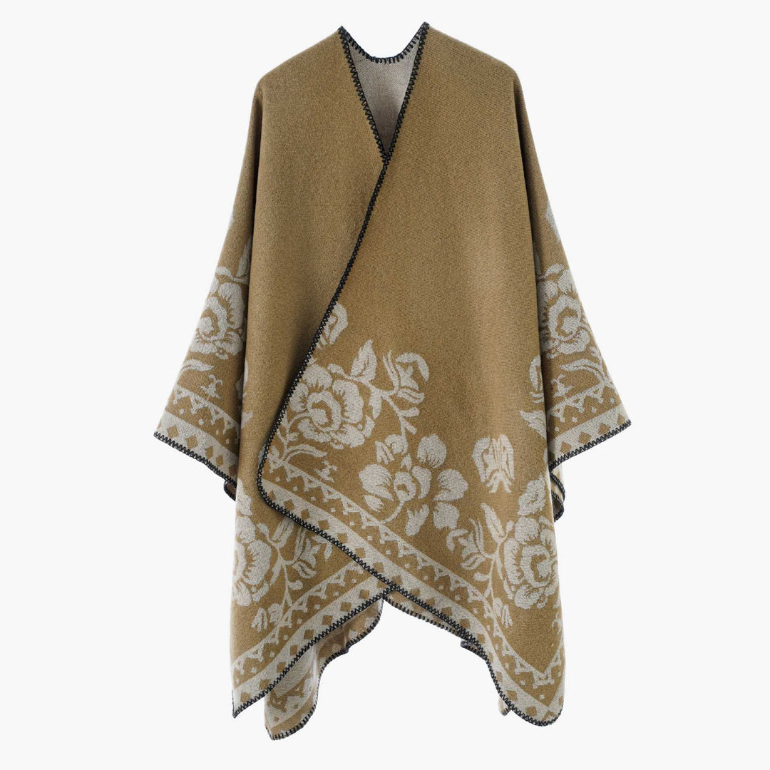 Women's Soft Oversized Cape Poncho in Flower Jacquard with Contrasted Overlocked Edge