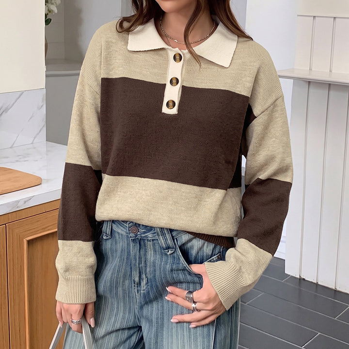 Women Striped Fine Knit Polo with Button Placket and Loose Fit Mune Fashion
