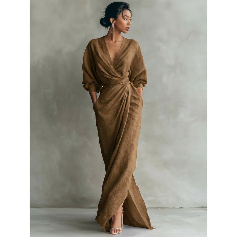 Women's Draped Wrap Maxi Dress with Deep V-Neck, Waist Twist and Side Pockets Drune