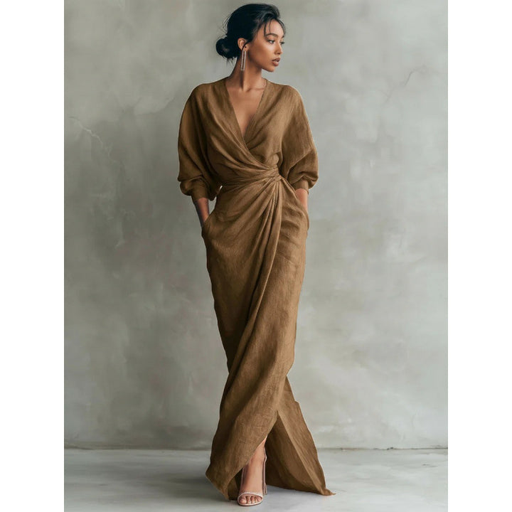 Women's Draped Wrap Maxi Dress with Deep V-Neck, Waist Twist and Side Pockets Drune