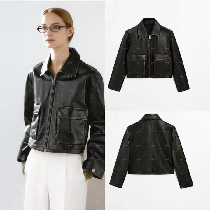 Women's Short Boxy Leather Look Jacket with Zip and Large Flap Pockets Mune Fashion