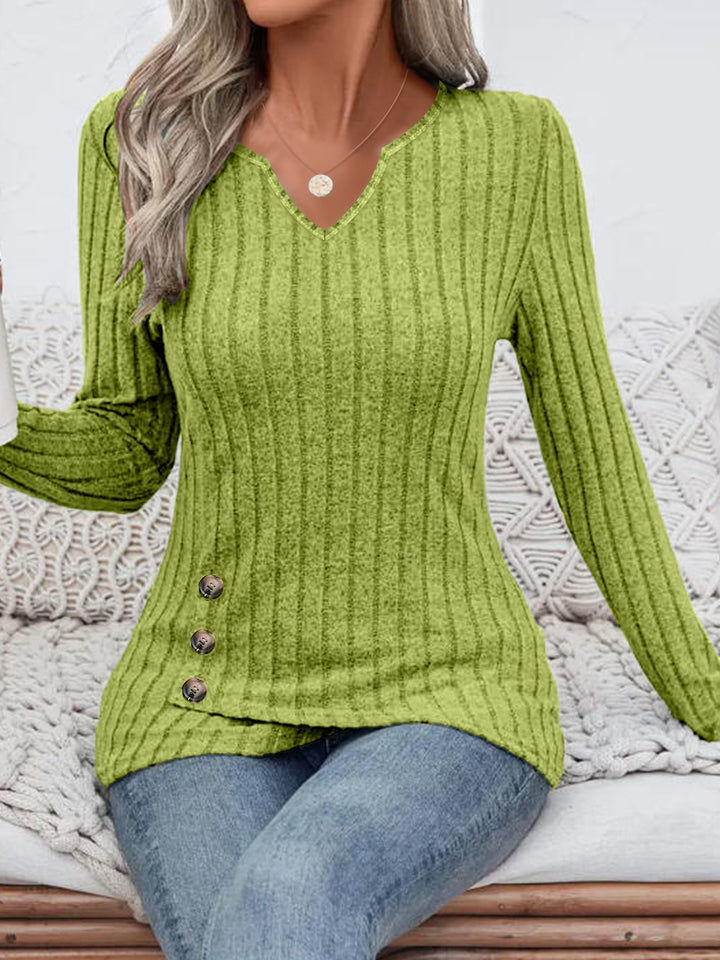 Women's Ribbed Long Sleeve Tunic with V-Neck and Side Decorative Buttons Mune Fashion