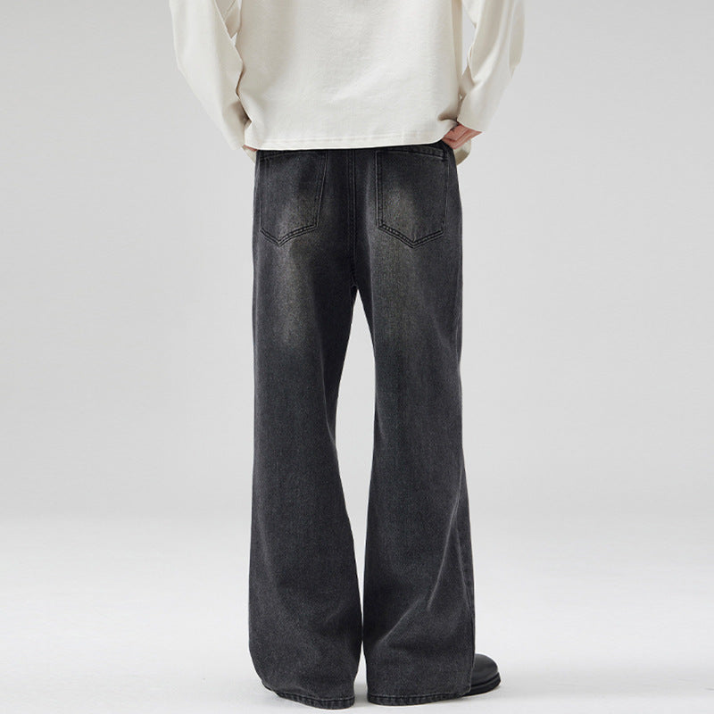 Men's Wide Denim Jeans in Retro Workwear Look with Distinctive Whisker and Pleat Accents Mune Fashion