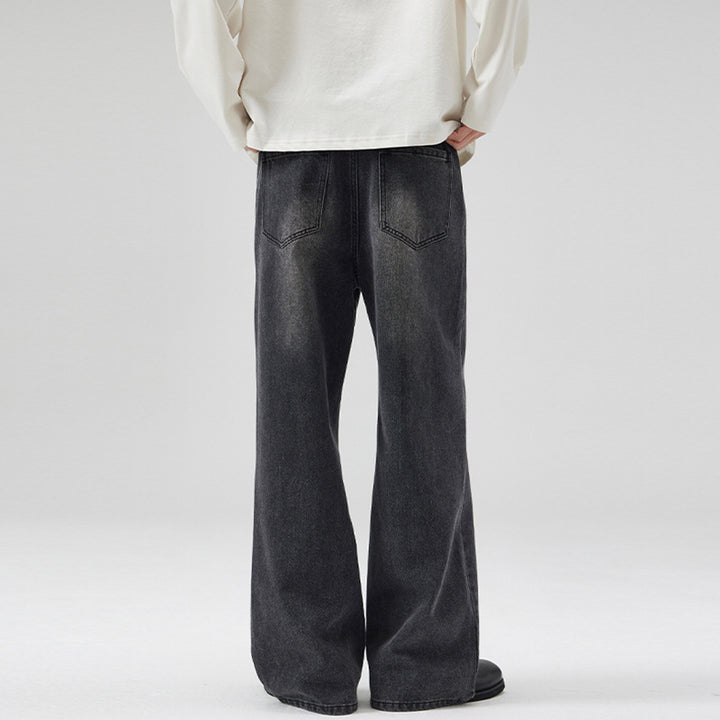 Men's Wide Denim Jeans in Retro Workwear Look with Distinctive Whisker and Pleat Accents Mune Fashion