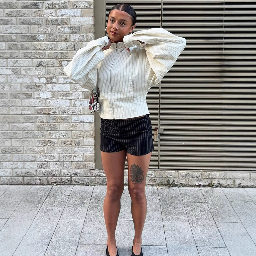 Women Short fitted bomber jacket with stand-up collar and fine pinstripe texture Mune Fashion