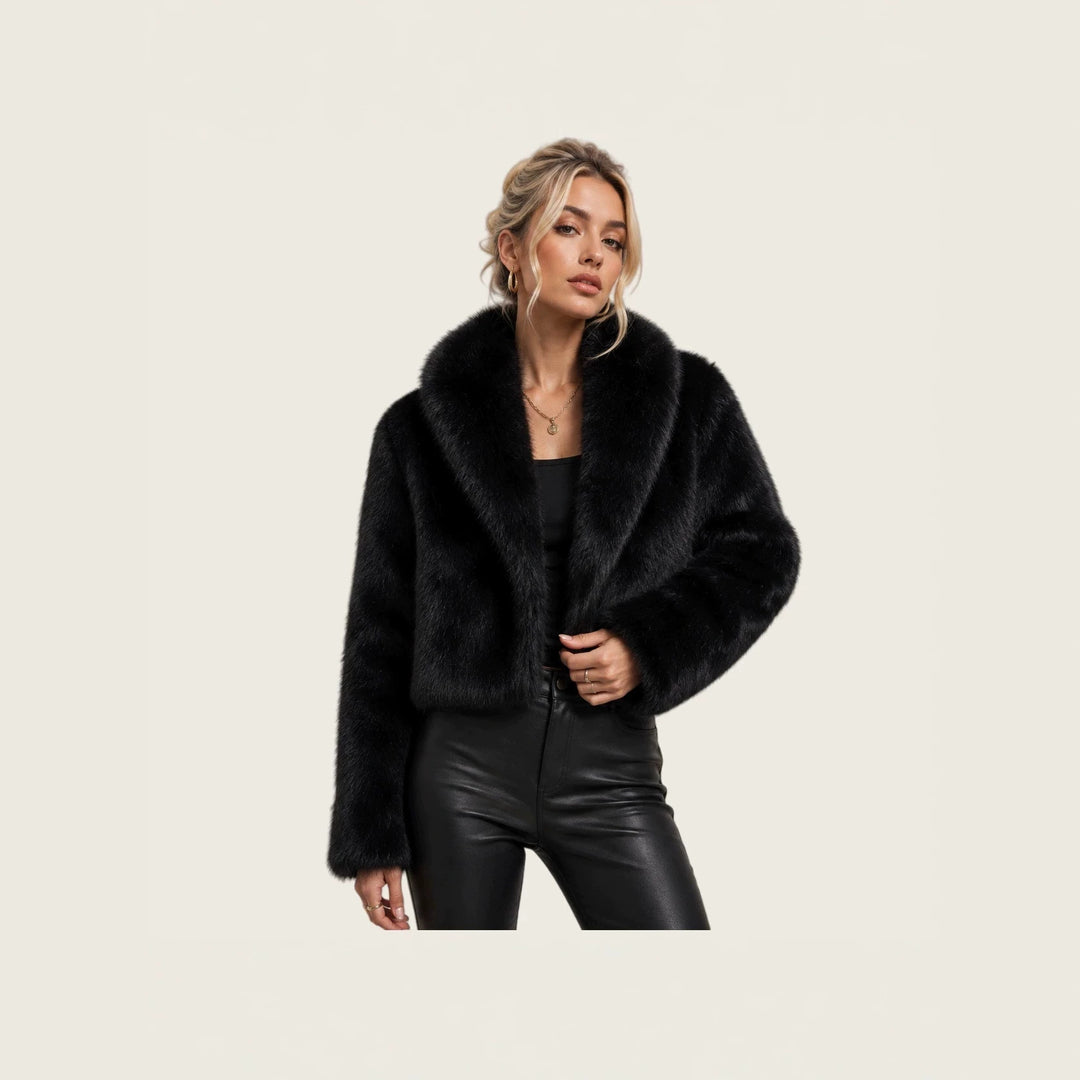 Ladies short cut luxury faux fur bolero with voluminous shawl collar Mune Fashion