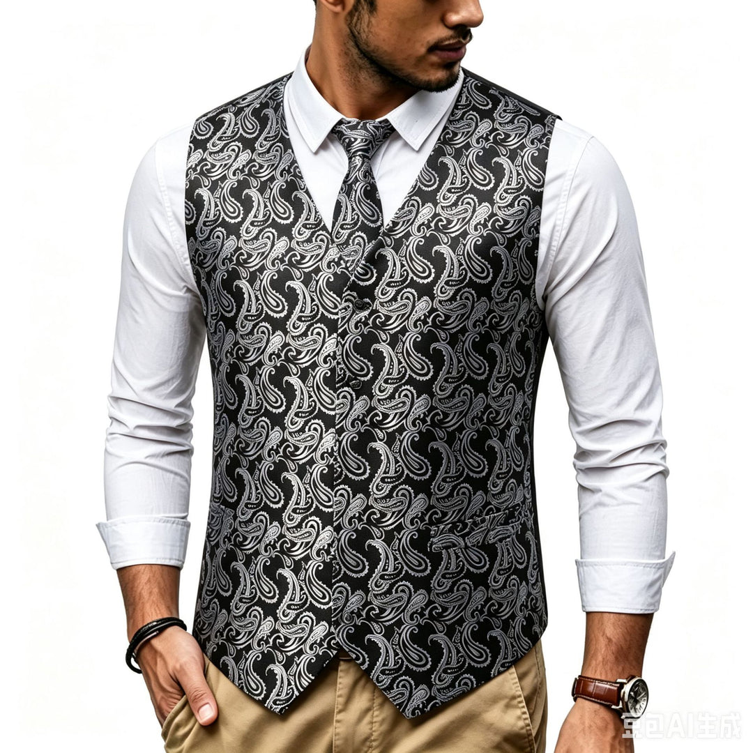 Men's Satin Jacquard Vest with Paisley Pattern and Matching Tie Mune Fashion