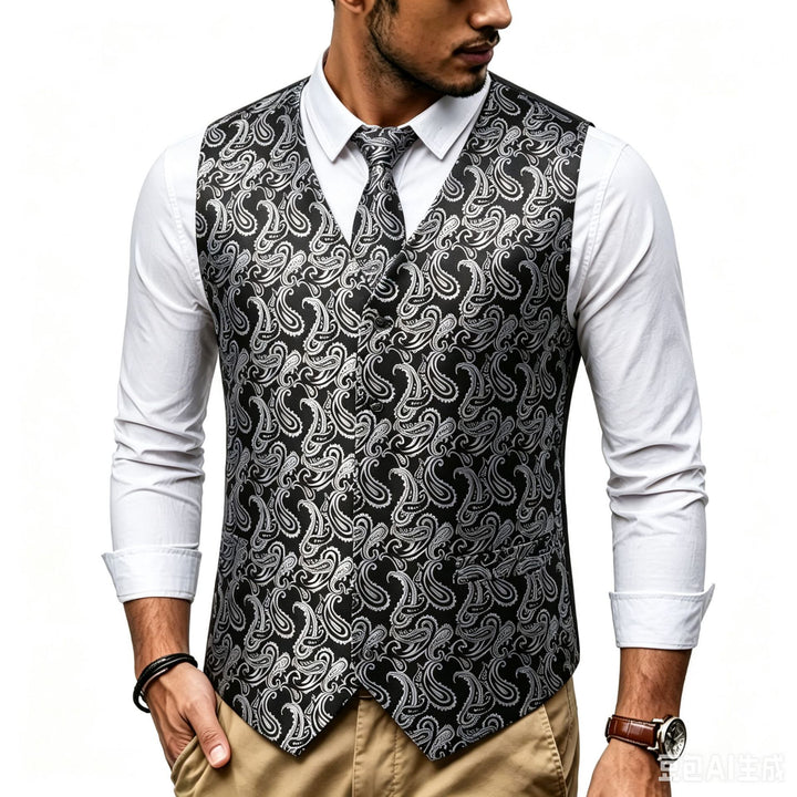 Men's Satin Jacquard Vest with Paisley Pattern and Matching Tie Mune Fashion