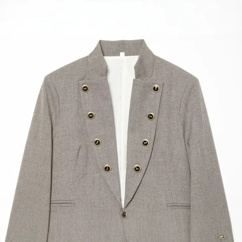 Ladies short blazer in military style with stand collar and decorative button rows Mune Fashion