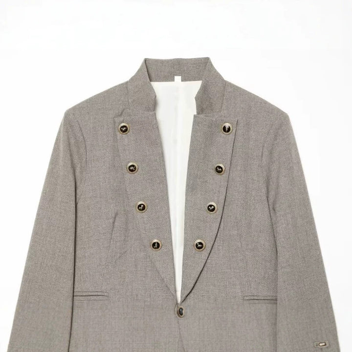 Ladies short blazer in military style with stand collar and decorative button rows Mune Fashion