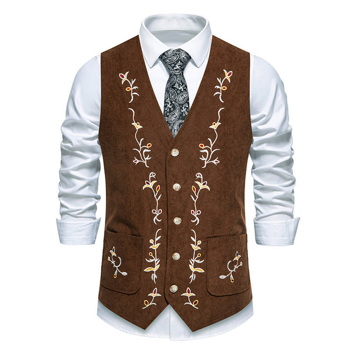 Men's Traditional Embroidered Suit Vest with V-Neck and Decorative Buttons Mune Fashion