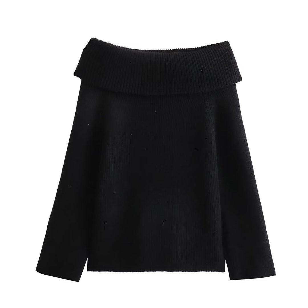 Women Oversized Off-Shoulder Ribbed Knit Sweater with Large Turn-Down Collar Mune Fashion