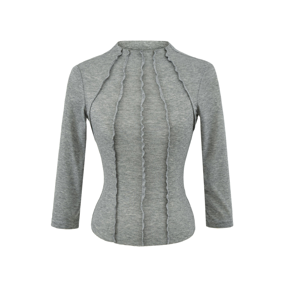 Women's Fitted Long Sleeve Shirt with Stand-Up Collar and Decorative Ruffles