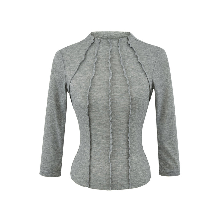 Women's Fitted Long Sleeve Shirt with Stand-Up Collar and Decorative Ruffles