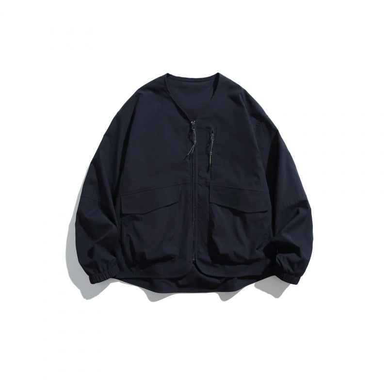 Unisex Lightweight Oversize Utility Jacket without Collar with Front Zipper and Patch Pockets Mune Fashion