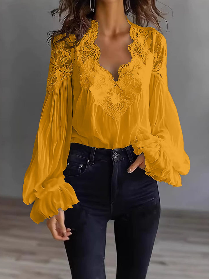 Women's Chiffon Blouse with Lace V-Neck and Wide Pleated Sleeves Mune Fashion