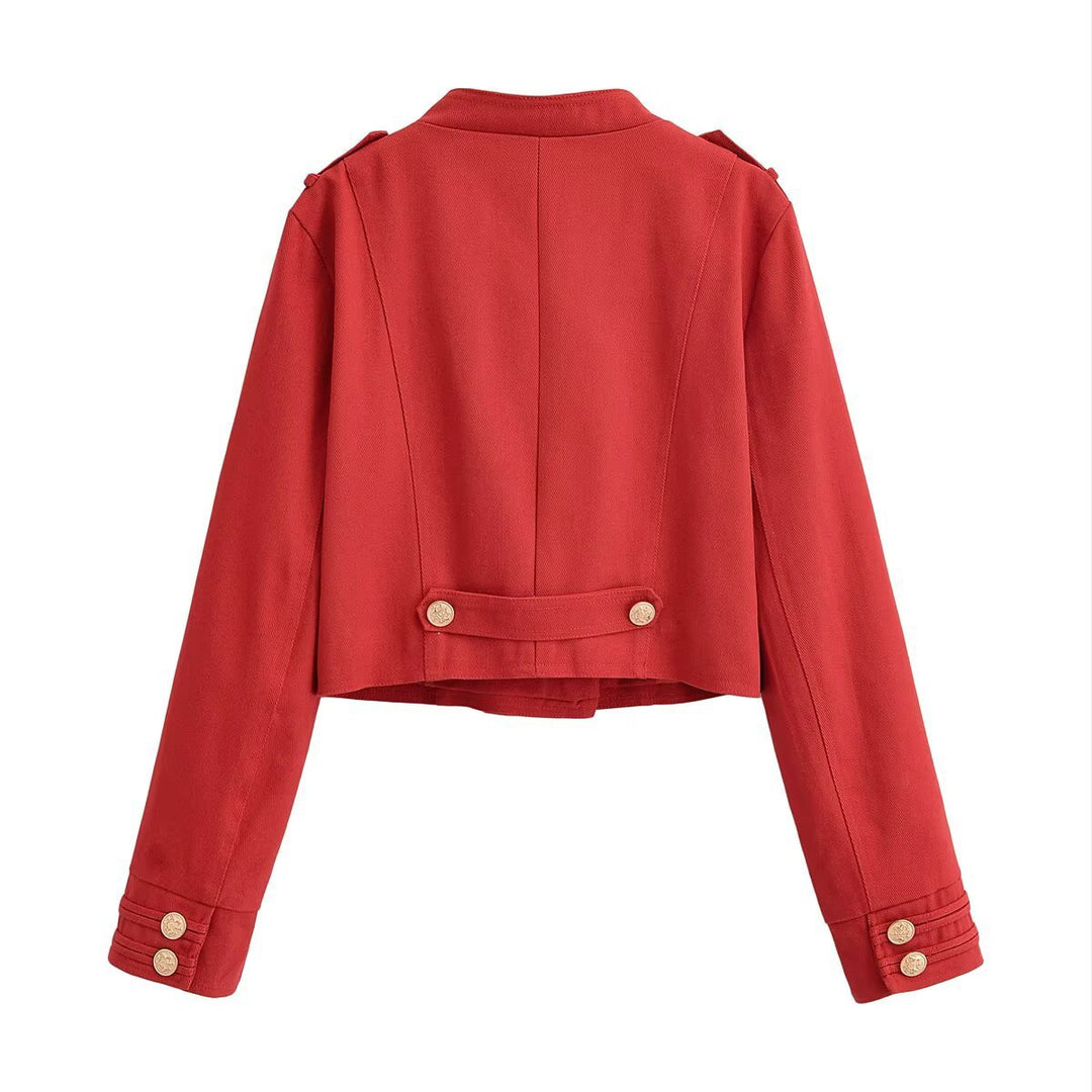 Women Military Inspired Short Jacket with Stand-up Collar, Decorative Straps and Golden Decorative Buttons Mune Fashion