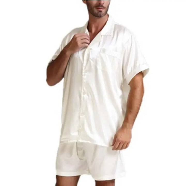 Unisex nan silky-shiny short-sleeve pajama set with shirt collar and elastic waistband Mune Fashion