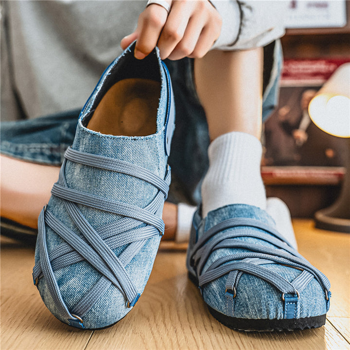 Men's casual slippers in denim look with elastic straps, adjustable heel strap and profiled rubber sole Mune Fashion