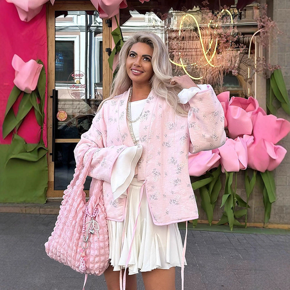 Women's quilted blouson jacket with floral embroidery and kimono cut Mune Fashion
